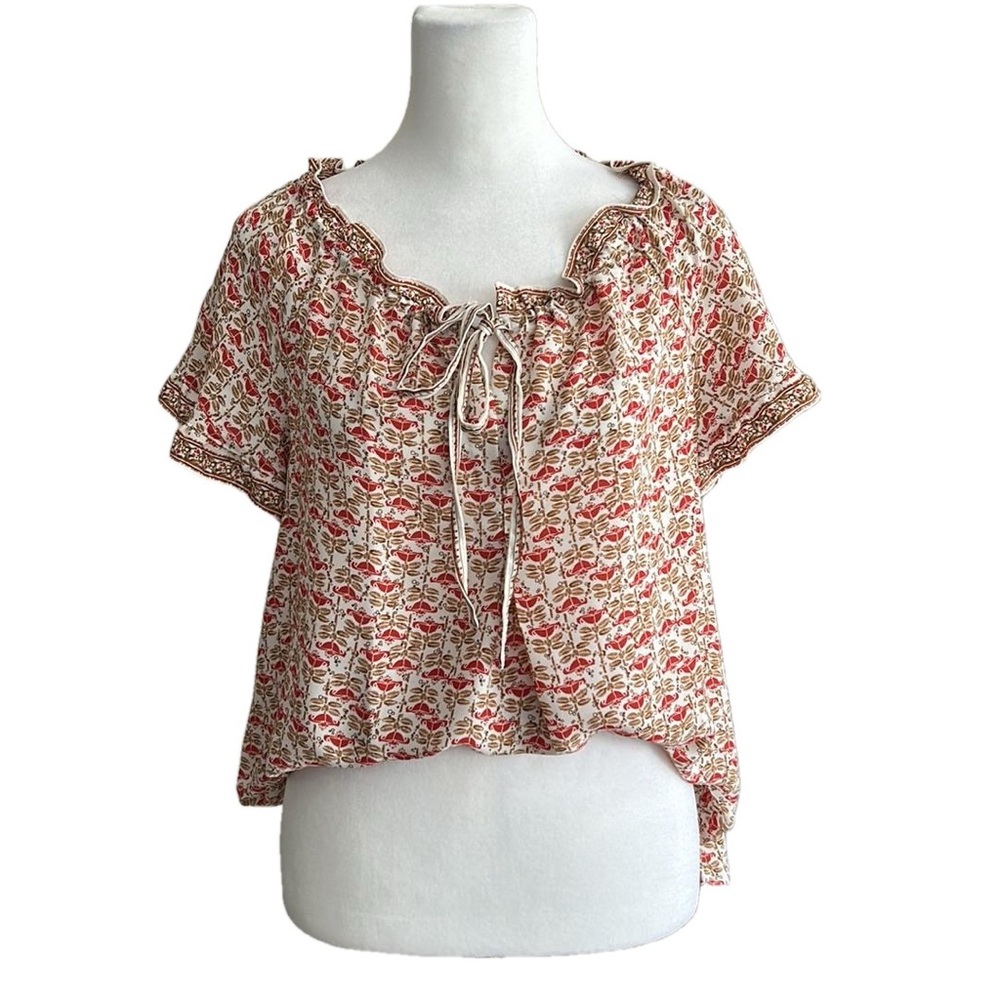 New! Max Studio Boho Floral Patterned Tie Neck Ruffle Cap Sleeve Blouse Medium